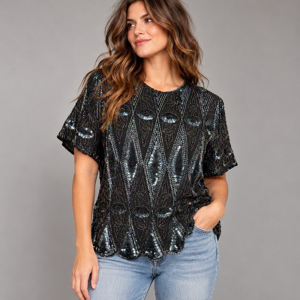 Diane Freis Black Beaded Sequin Top PL Iridescent Art Deco Floral Evening Blouse